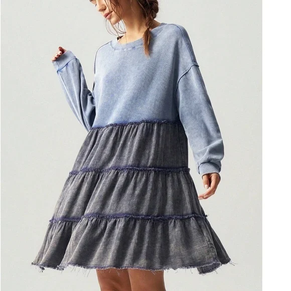 Color Block Mineral Wash Frayed Detail Oversized Long Sleeve Dress - Picture 3 of 8